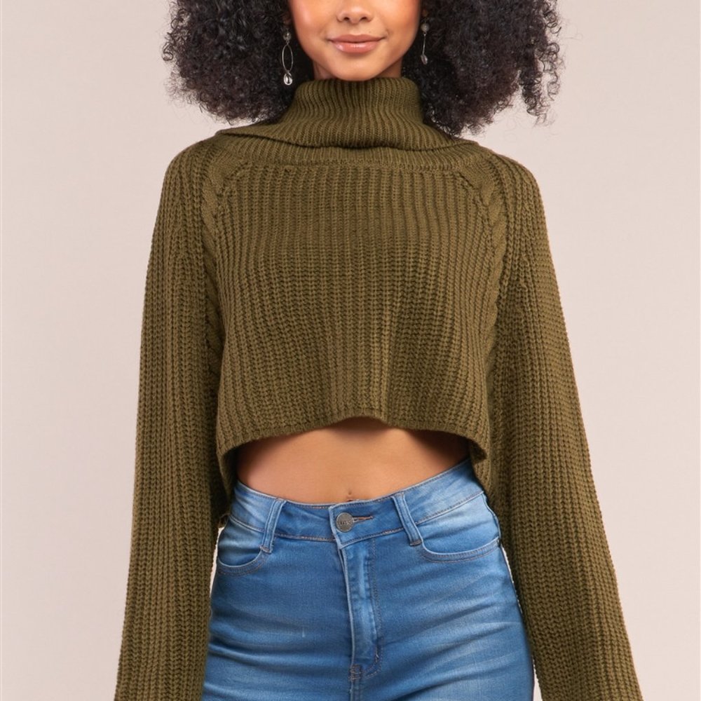 OLIVE BALLOON SLEEVE TURTLENECK CROPPED SWEATER